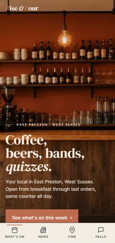 Rise and Pour, a hybrid café-bar in East Preston, shown on a phone with its coffee, beers, bands and quizzes hero.